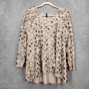 STAPLES‎ Women Gold Metallic 3D Disc Mesh High Low Long Sleeve Top XS